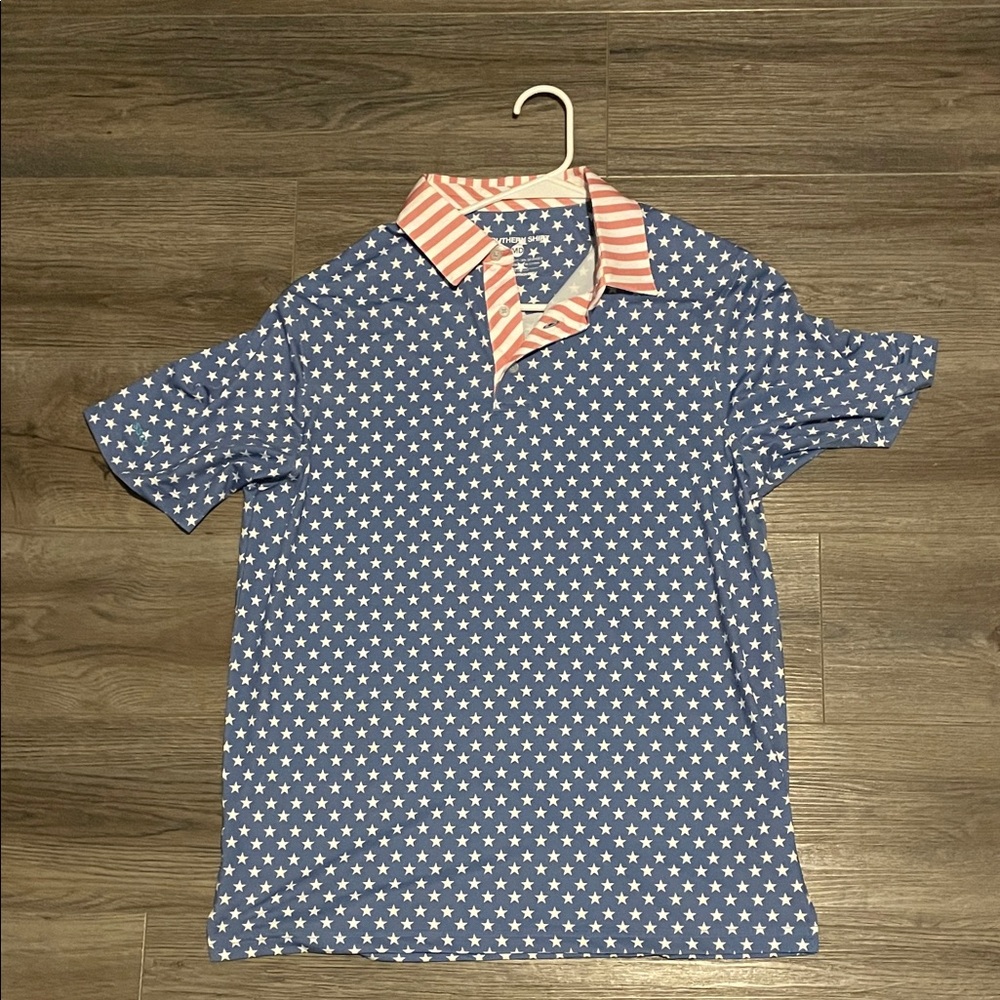 Blue Star Pattern Polo Shirt with Red Striped Collar